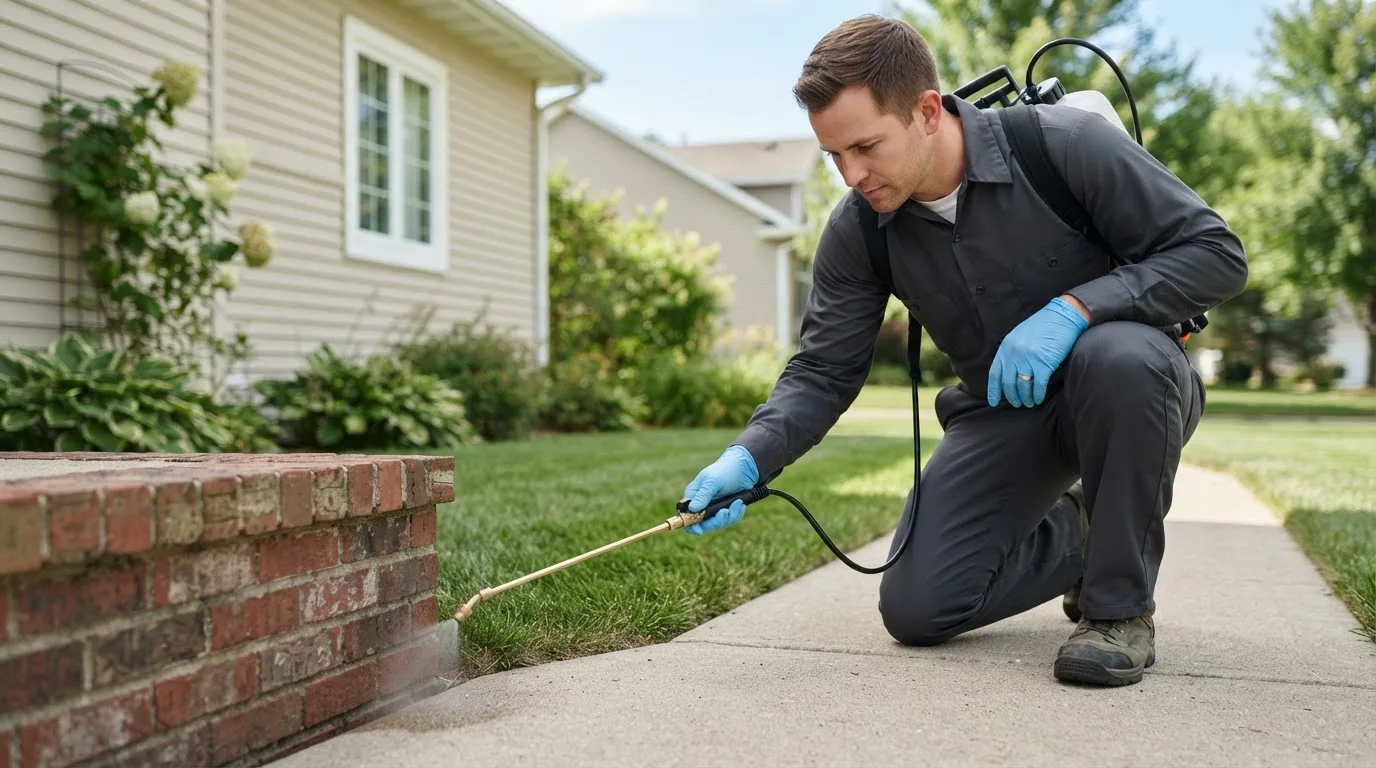 Pest control technician treating a home near Lickingville, PA