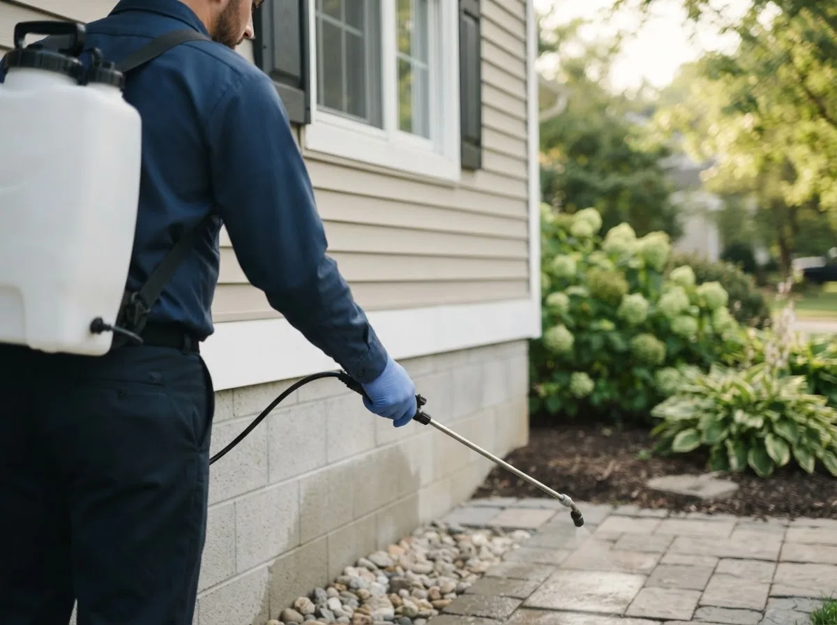 Pest control technician inspecting a home in Lickingville, PA